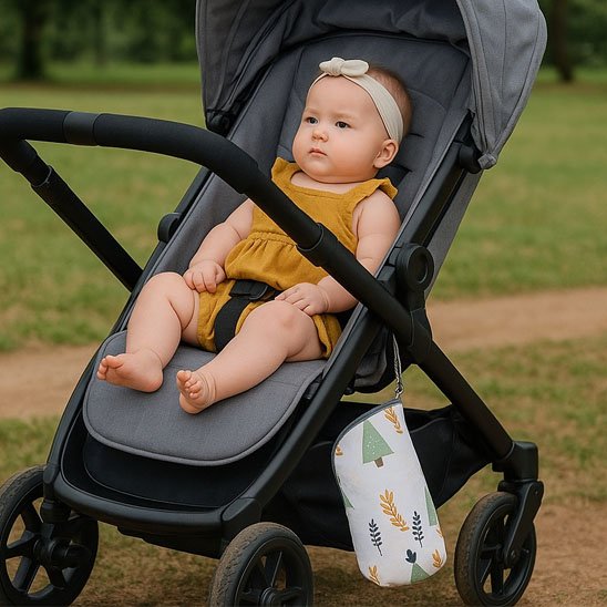 Porte biberon  forêt  accroché sur la poussette avec bébé à l'interieur