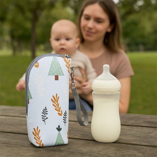 Porte biberon forêt maman porte bébé qui regarde  son biberon