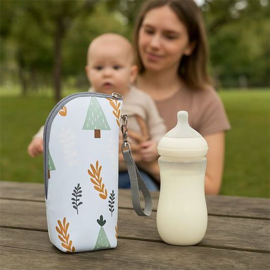 Porte biberon forêt maman porte bébé qui regarde  son biberon