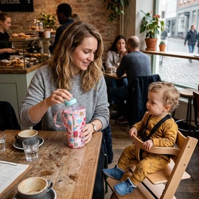 Porte biberon rose bébé installé dans son siège et maman sort le biberon au restaurant