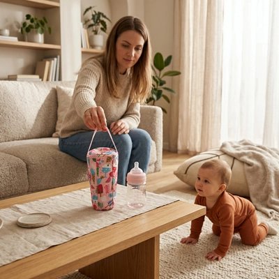 Porte biberon rose maman qui pose sur la table 