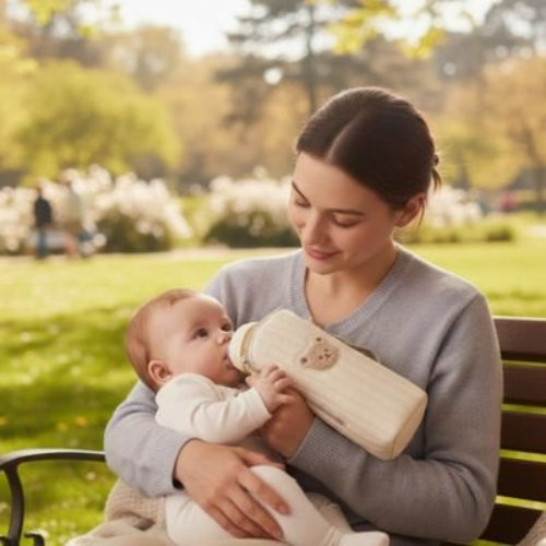 Porte biberon beige maman donne le lait au bébé
