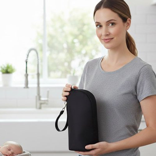 Porte biberon noir que maman tient dans ses mains