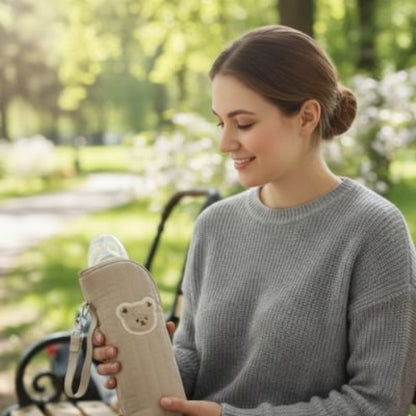 Porte biberon  beige maman qui sort le biberon du sac