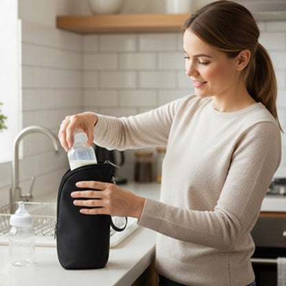 Porte biberon noir, maman veut garder le lait de bébé au chaud