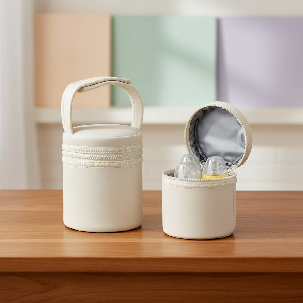 porte biberon beige posé sur une table dans la maison