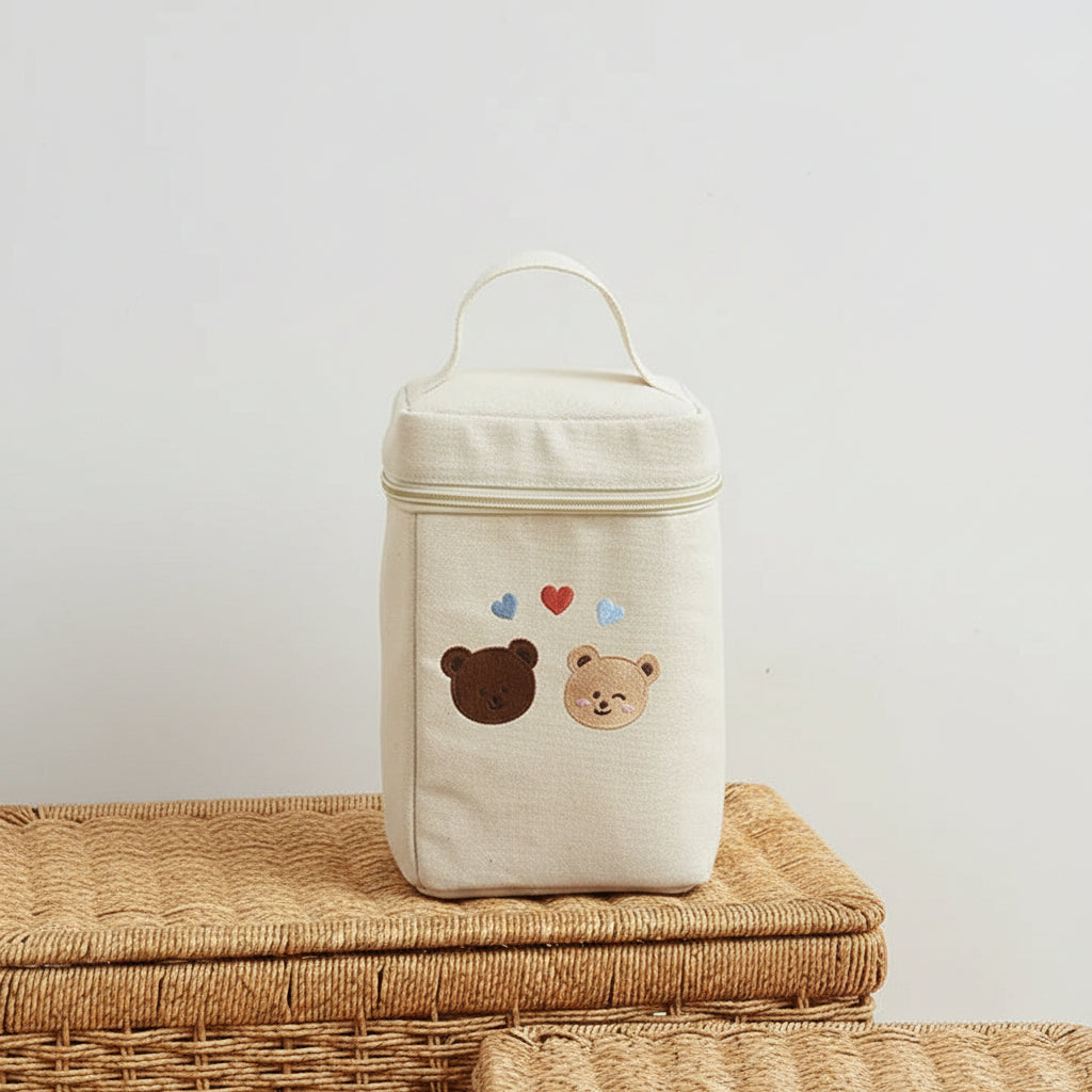 porte biberon bisounours posé sur un panier