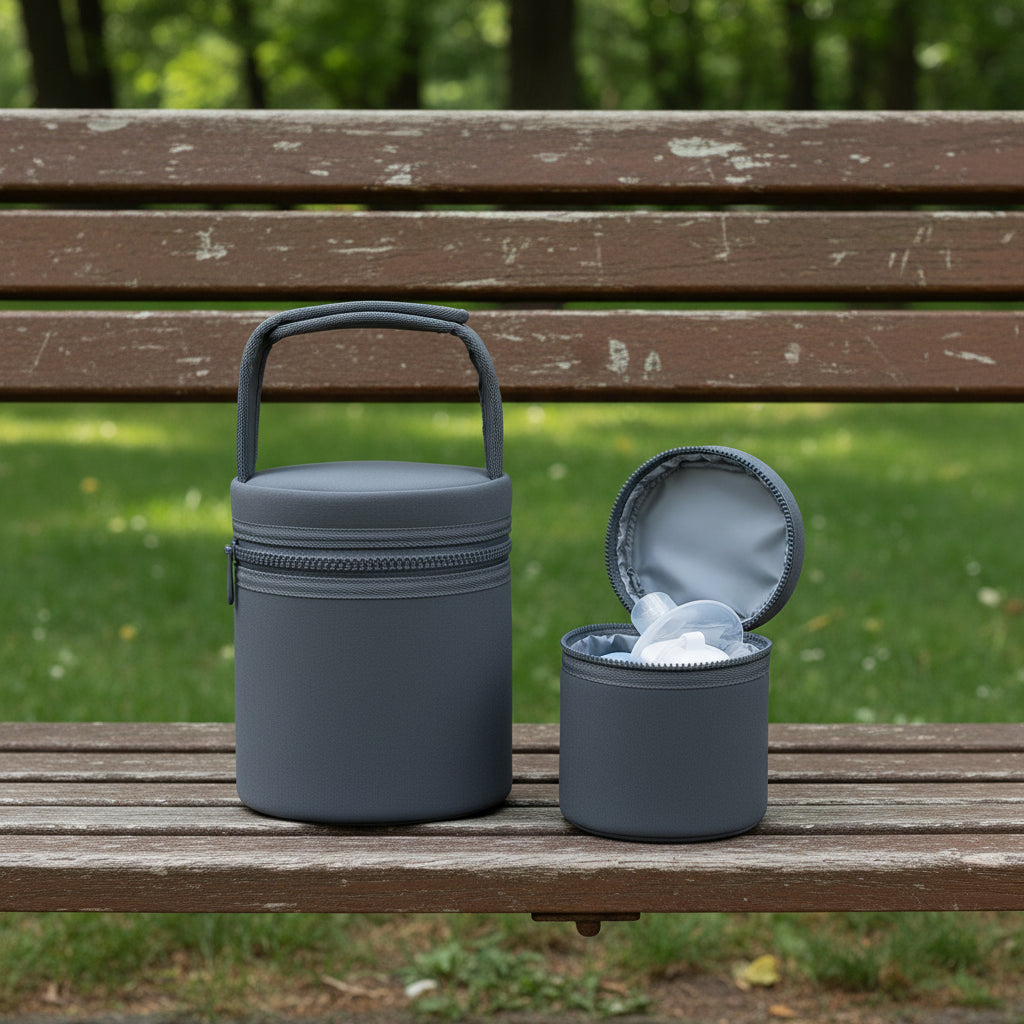 porte biberon bleu foncé posé sur un banc au parc