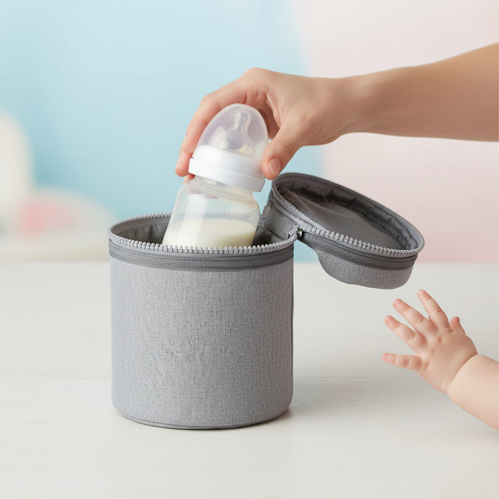 porte biberon gris maman sort le biberon pour son enfant