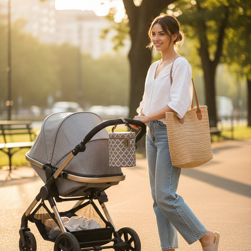 porte biberon kaki maman qui se balade avec son enfant dans la poussette