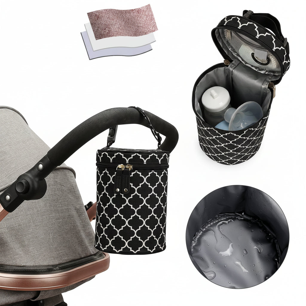 porte biberon noir  imperméable attaché sur la poussette et présente son contenu et le nombres de couches
