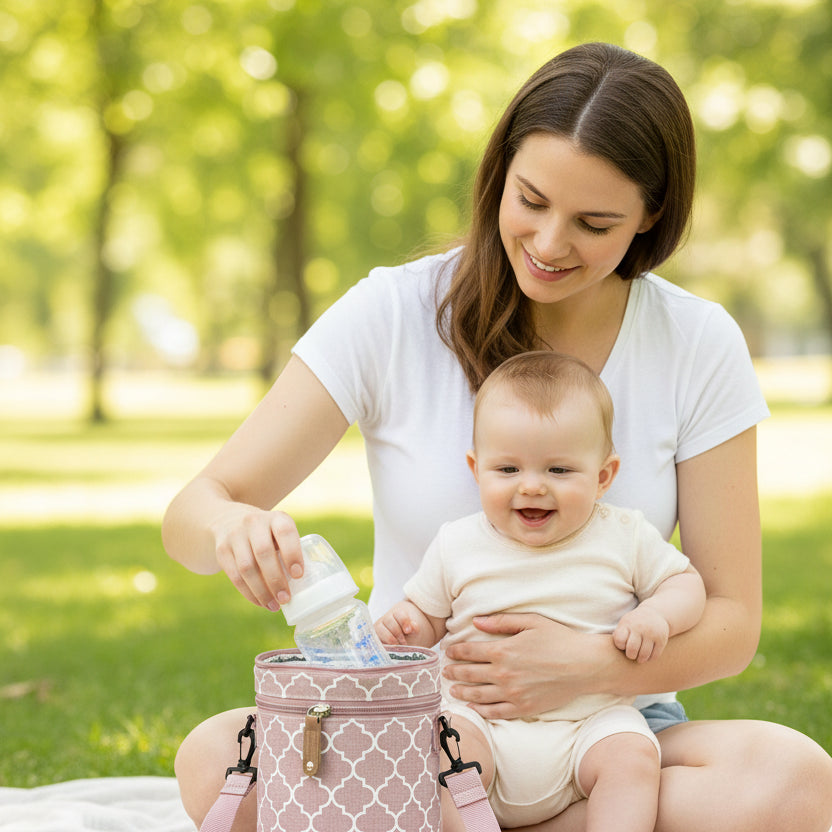 porte biberon rose maman qui sort le bieron de son fils dans le sac