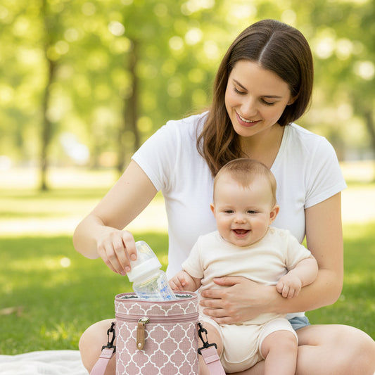 porte biberon rose maman qui sort le bieron de son fils dans le sac