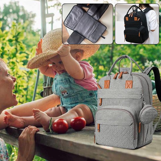 Sac à dos à langer gris, maman dans le jardin avec son bébé