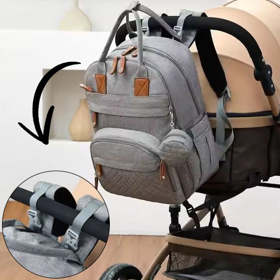 Sac à dos à langer gris pratique pour la poussette 