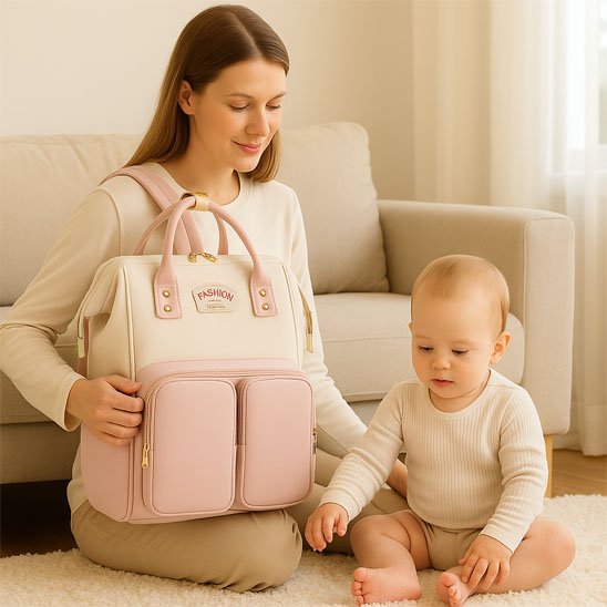Sac à dos à langer rose, bébé sur le taps au salon avec sa maman