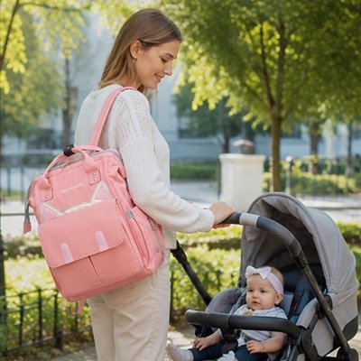 Sac a dos a langer rose, maman qui se balade avec son bébé dans la poussette