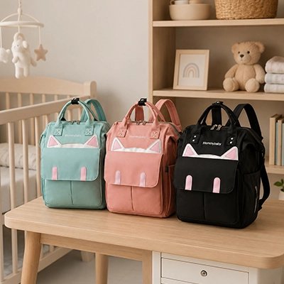 Sac a dos a langer vert, rose, noir exposés