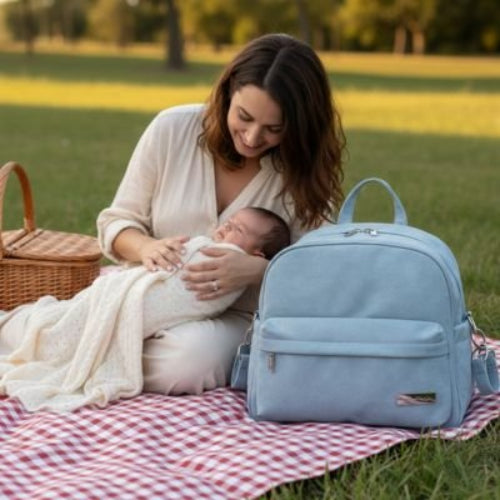 Sac a langer a dos bleu maman bien installé au parc avec son bébé