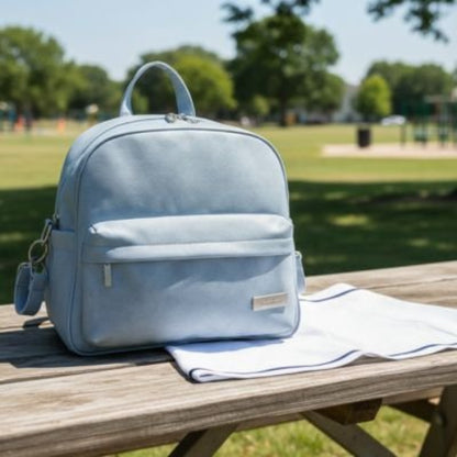 Sac a langer a dos bleu posé sur un tissu  blanc