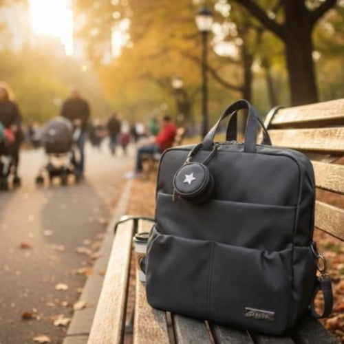 Sac a langer a dos  noir posé sur un banc