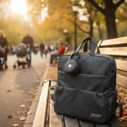 Sac a langer a dos  noir posé sur un banc