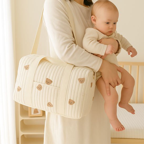 Sac a langer bebe ours, maman qui porte son bébé