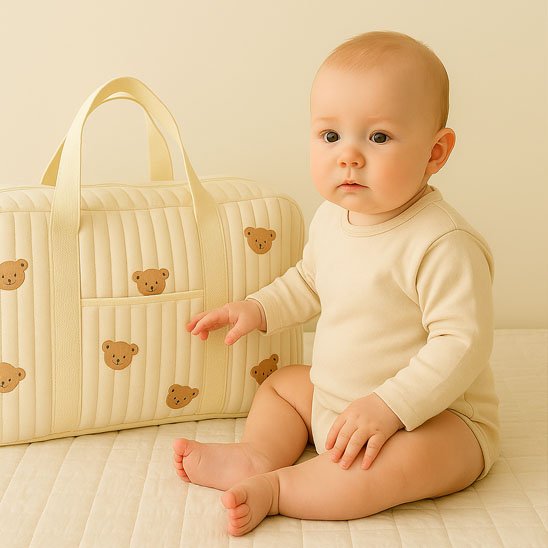 Sac a langer bebe ourse, bébé assis sur le tapis