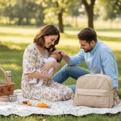 Sac a langer bebe kaki papa pose sa main sur la tête de bébé dans les bras de maman