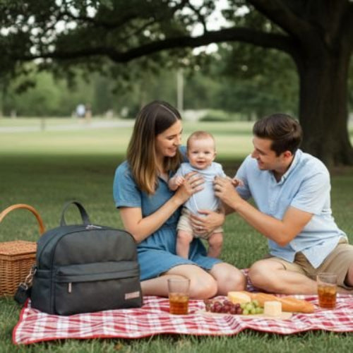 Sac a langer bebe noir les parents installés au parc avec leur bébé