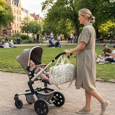 Sac a langer feuille, maman avec son bébé confortable dans sa poussette