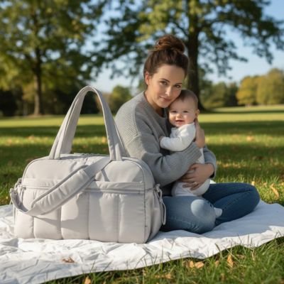 Sac a langer gris maman serre son bébé dans les bras au parc