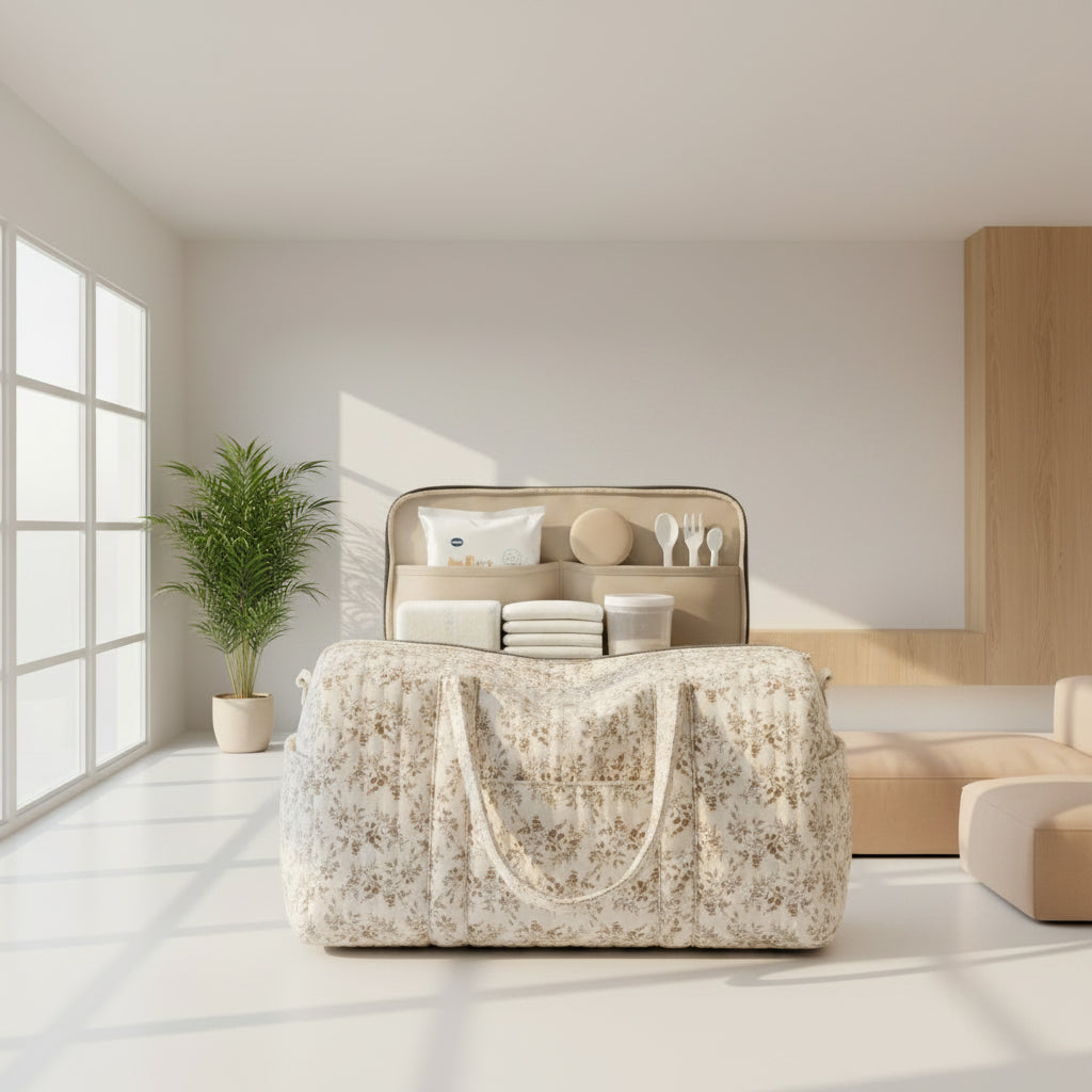 Sac a langer beige chiné bien rangé