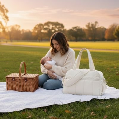 Sac a langer beige, maman bien installé au parc
