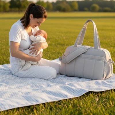 Sac a langer  gris maman tient son enfant dans les bras