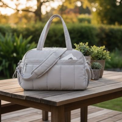 Sac a langer  gris posé sur une table