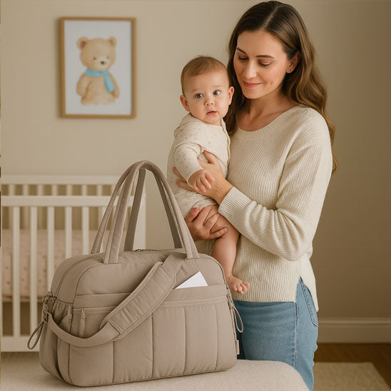sac a langer khaki bébé curieux dans sa chambre avec sa maman