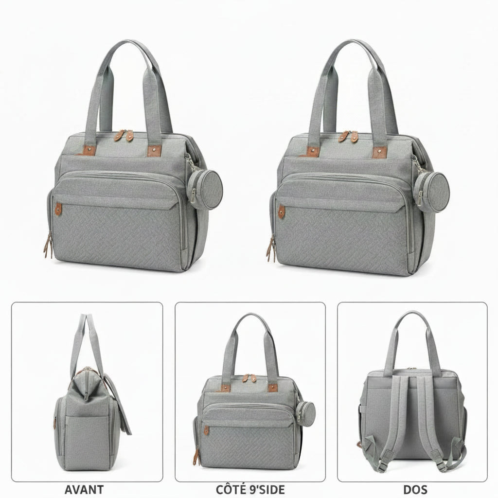 sac  à langer bébé gris posé sur differents côtés