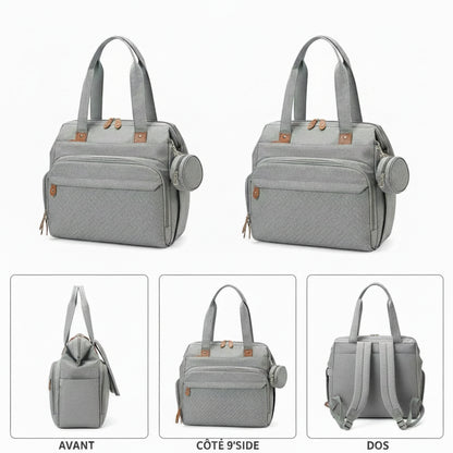 sac  à langer bébé gris posé sur differents côtés