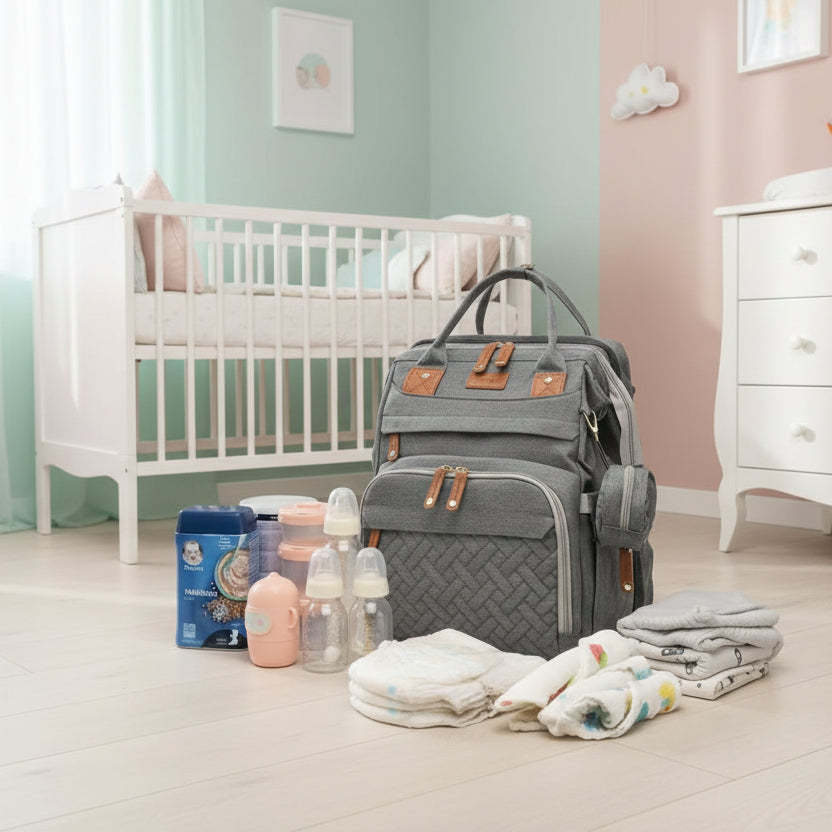 sac à dos sac à langer gris posé sur le planché de la chambre de bébé avec le contenu