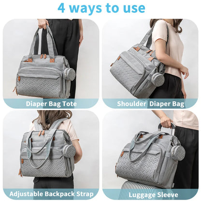 sac  à langer bébé gris porté de différentes manières