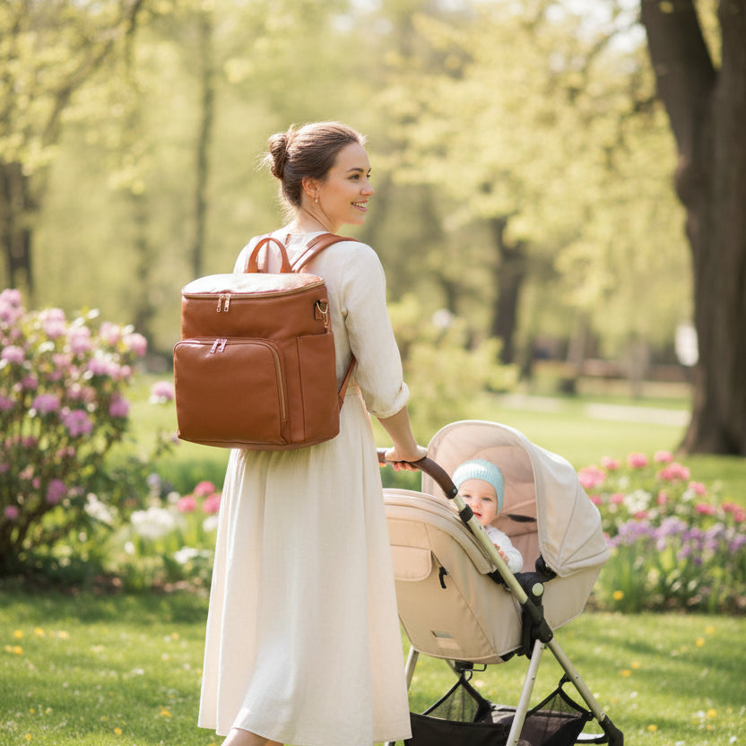 sac à langer brun maman au parc avec son bébé dans la poussette