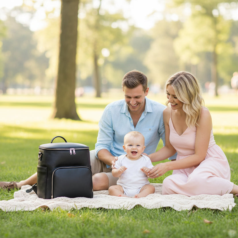 sac à langer noir les parents assis au parc avec leur enfant