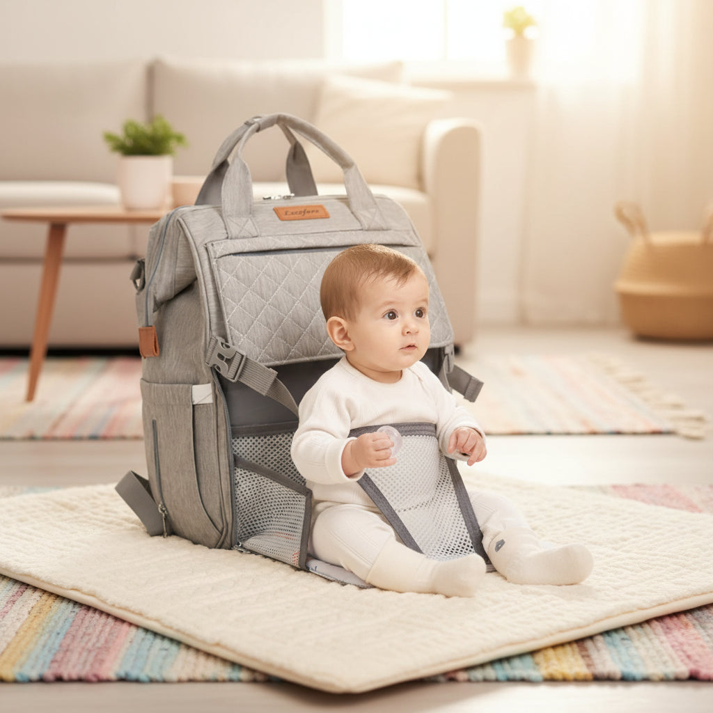 sac à langer sac à dos gris , bebe bien assis sur le tapis au salon