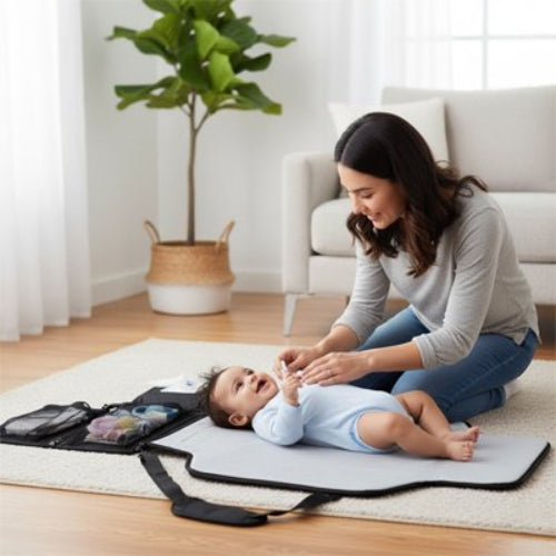Tapis à langer nomade  gris maman avec son bébé couché sur le dos au salon