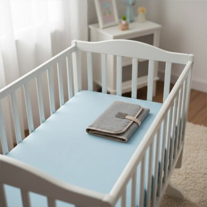 Tapis à langer nomade gris posé sur le lit du bébé
