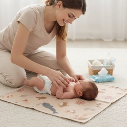 Tapis à langer nomade océan rose maman joue avec son bébé couché sur le dos