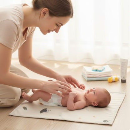 Tapis à langer nomade planète bébé pret à être changé par sa maman