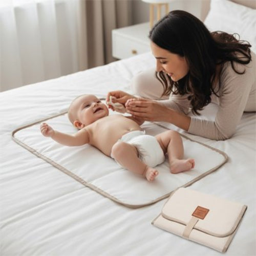 Tapis à langer nomade beige maman avec bébé sur le lit