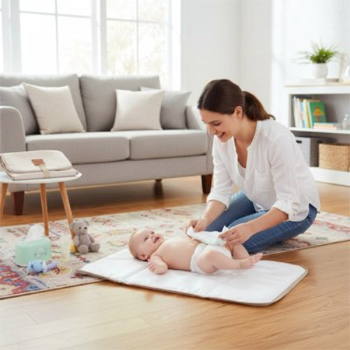 Tapis à langer nomade beige maman qui change bébé au salon